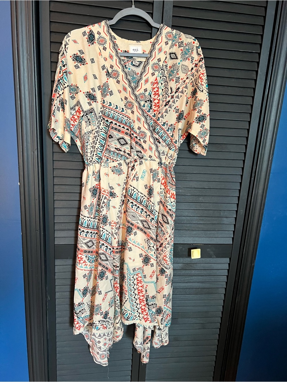 Boho Printed Faux Wrap Midi Dress in Cream